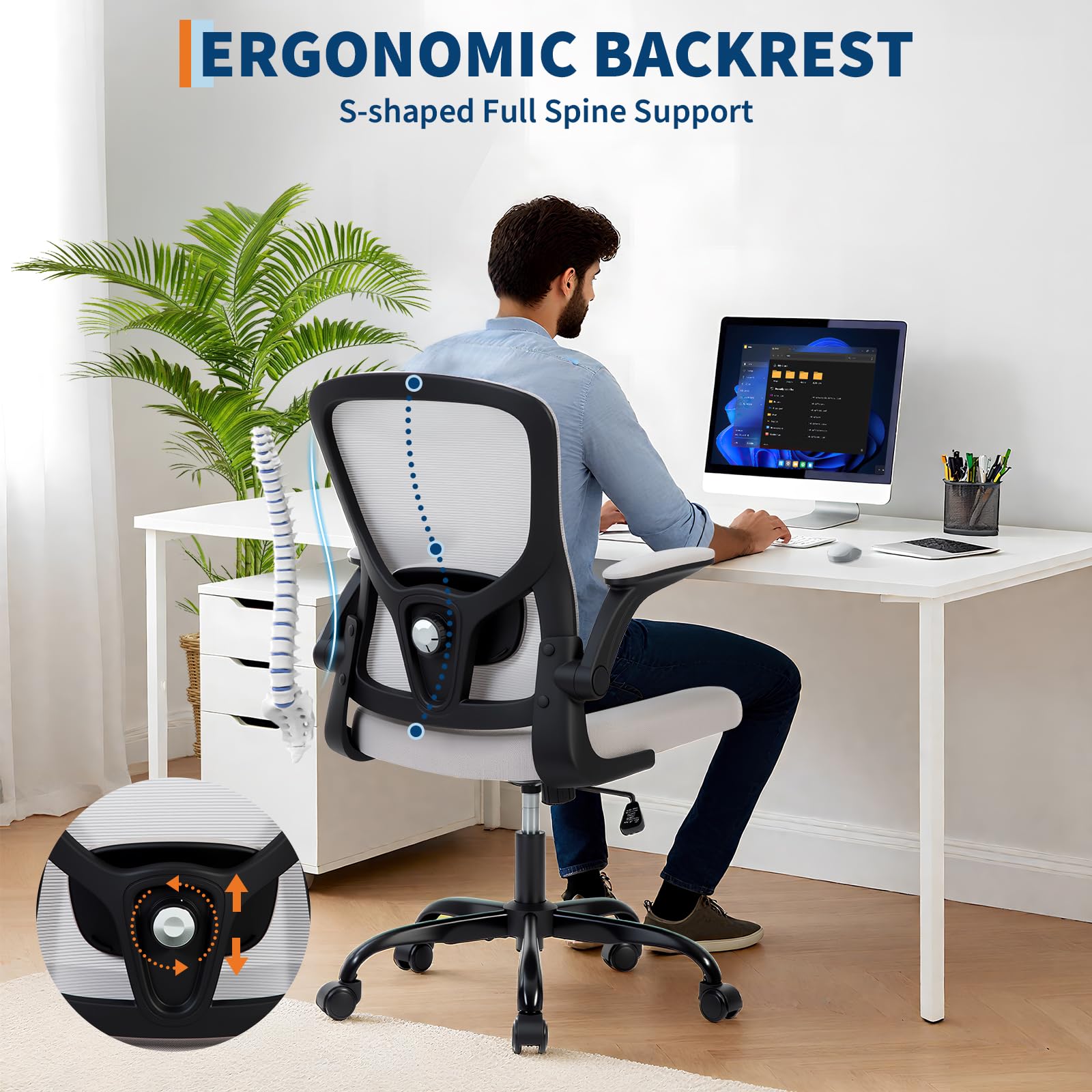 Sedia da ufficio ergonomica Garvee in rete con supporto lombare regolabile e braccioli pieghevoli per ufficio domestico, girevole a 360°, grigio