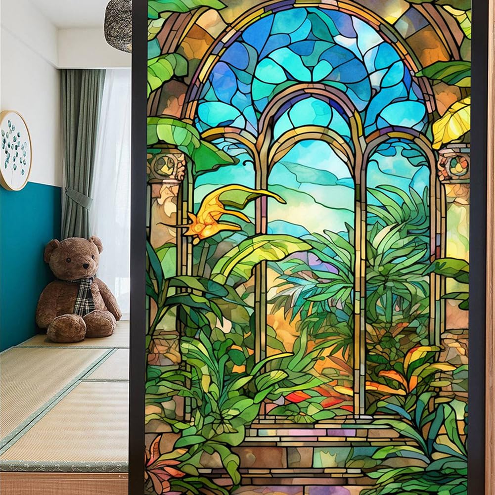 Garvee Pellicola Per Finestra In Vetro Colorato, Privacy E Anti-UV, Rimovibile, Motivo Piante, 45x, Per Bagno E Camera Da Letto