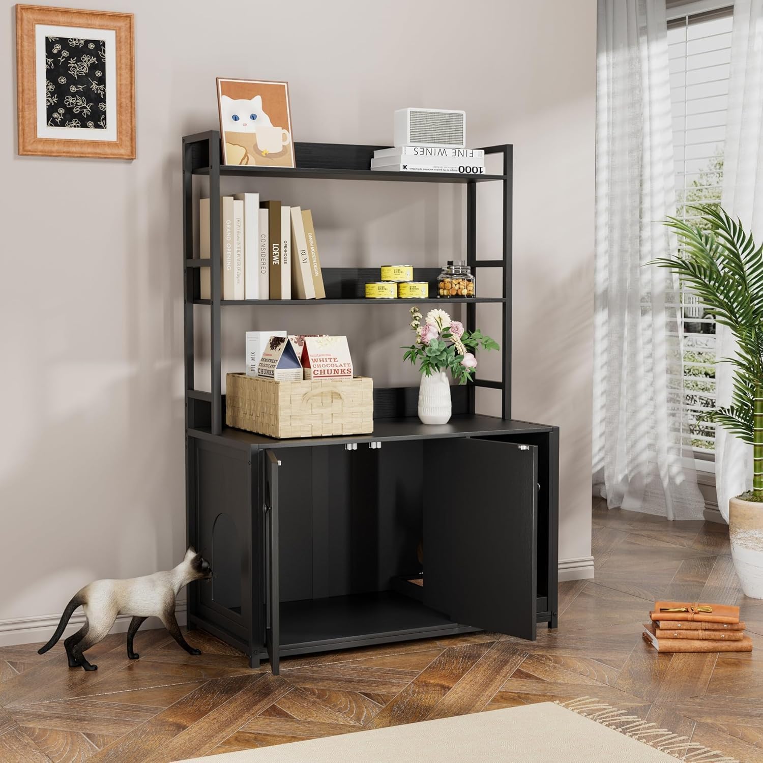 Garvee - Lettiera per gatti con 2 ante, 2 ripiani, tiragraffi per uso interno, nera, MDF e acciaio, area nascosta per gatti, libreria