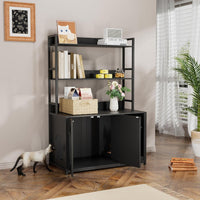 Garvee - Lettiera per gatti con 2 ante, 2 ripiani, tiragraffi per uso interno, nera, MDF e acciaio, area nascosta per gatti, libreria
