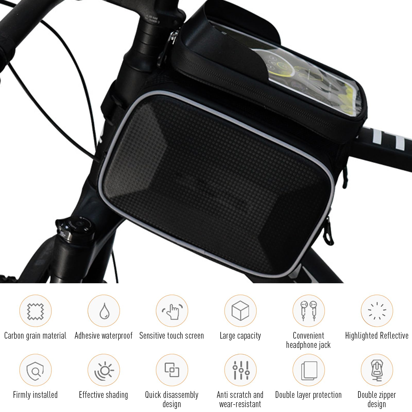 Garvee Sac de Cadre de Vélo Étanche Réfléchissant avec Support Téléphone TPU Sensible pour VTT et Cyclisme Urbain, Taille Adaptée Moins de 6,4 Pouces, Noir