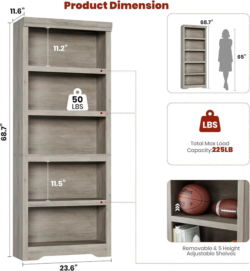 Garvee Libreria 5 Ripiani Alta Regolabile Antiscivolo MDF Resistente Design Elegante Multiuso Casa Ufficio 175 cm