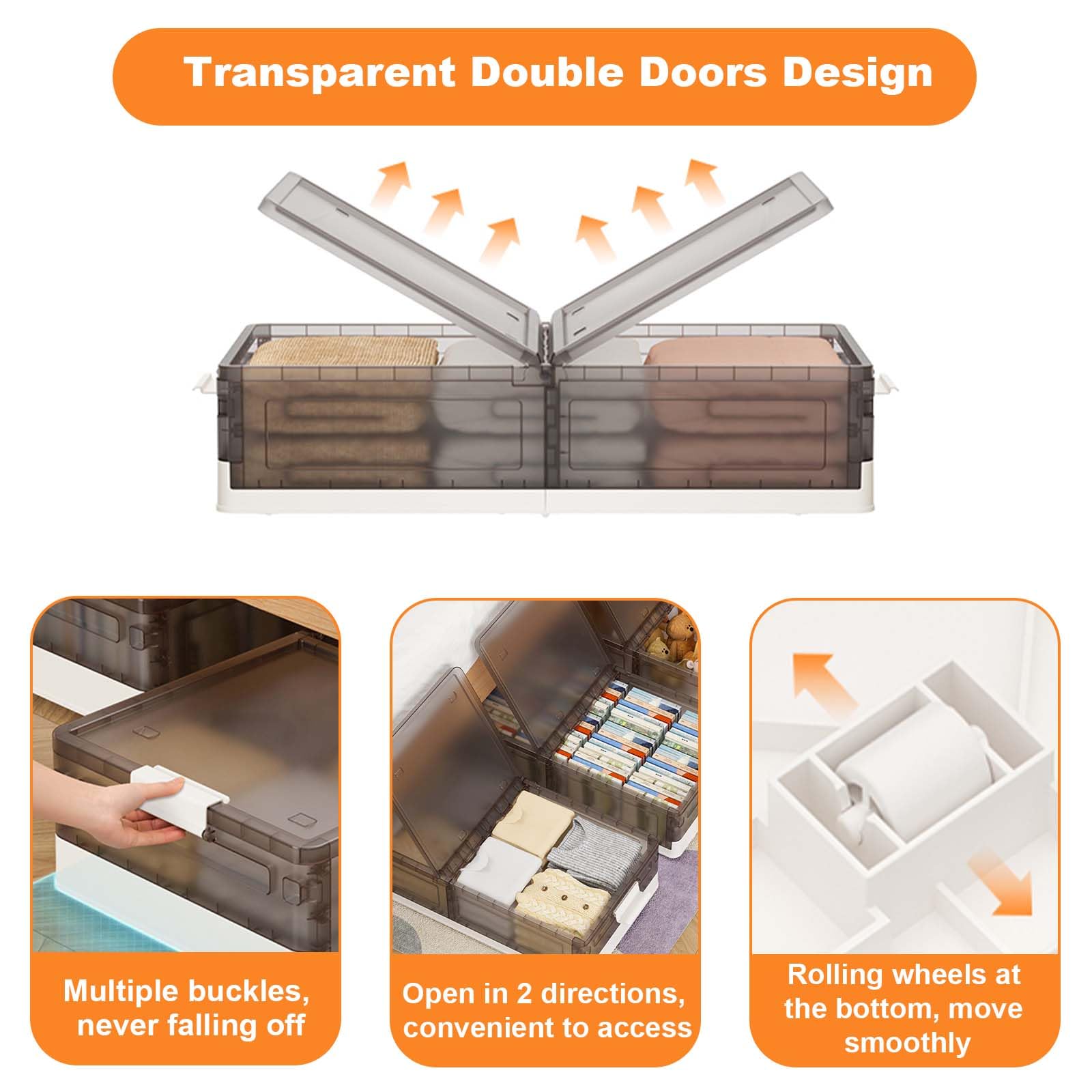 Garvee Set 2 contenitori sottoletto con coperchio, pieghevoli, impilabili, con ruote, trasparenti, per camere da letto e dormitori per studenti, 81x40.5x17.5 cm