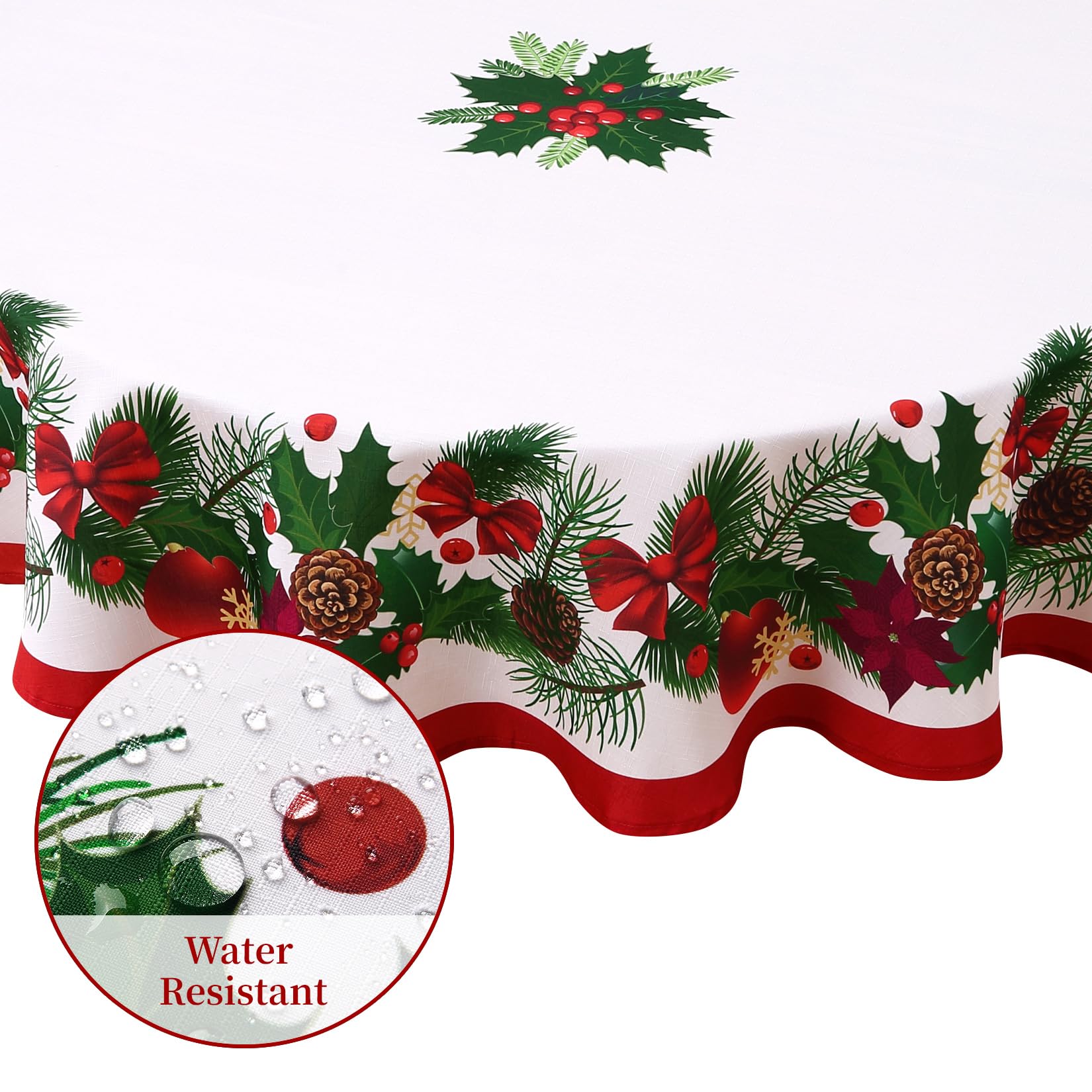 Tovaglia rotonda natalizia Garvee da 60 pollici con motivo a foglie, in poliestere impermeabile e resistente al calore, per sala da pranzo e soggiorno
