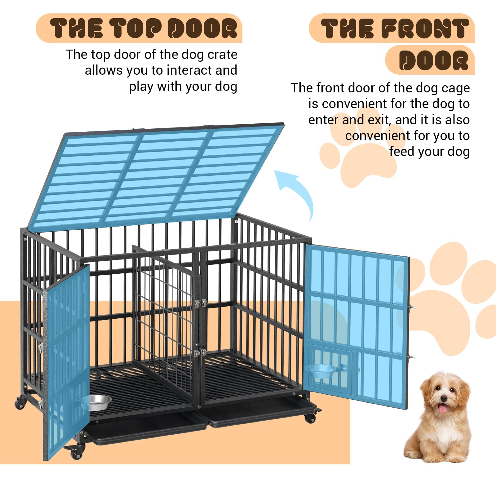 Garvee Heavy Duty Dog Crate da 42 pollici con doppia porta, ruote girevoli a 360°, struttura in metallo, vassoio rimovibile, divisorio, uso interno per cani di piccola e grande taglia, nero