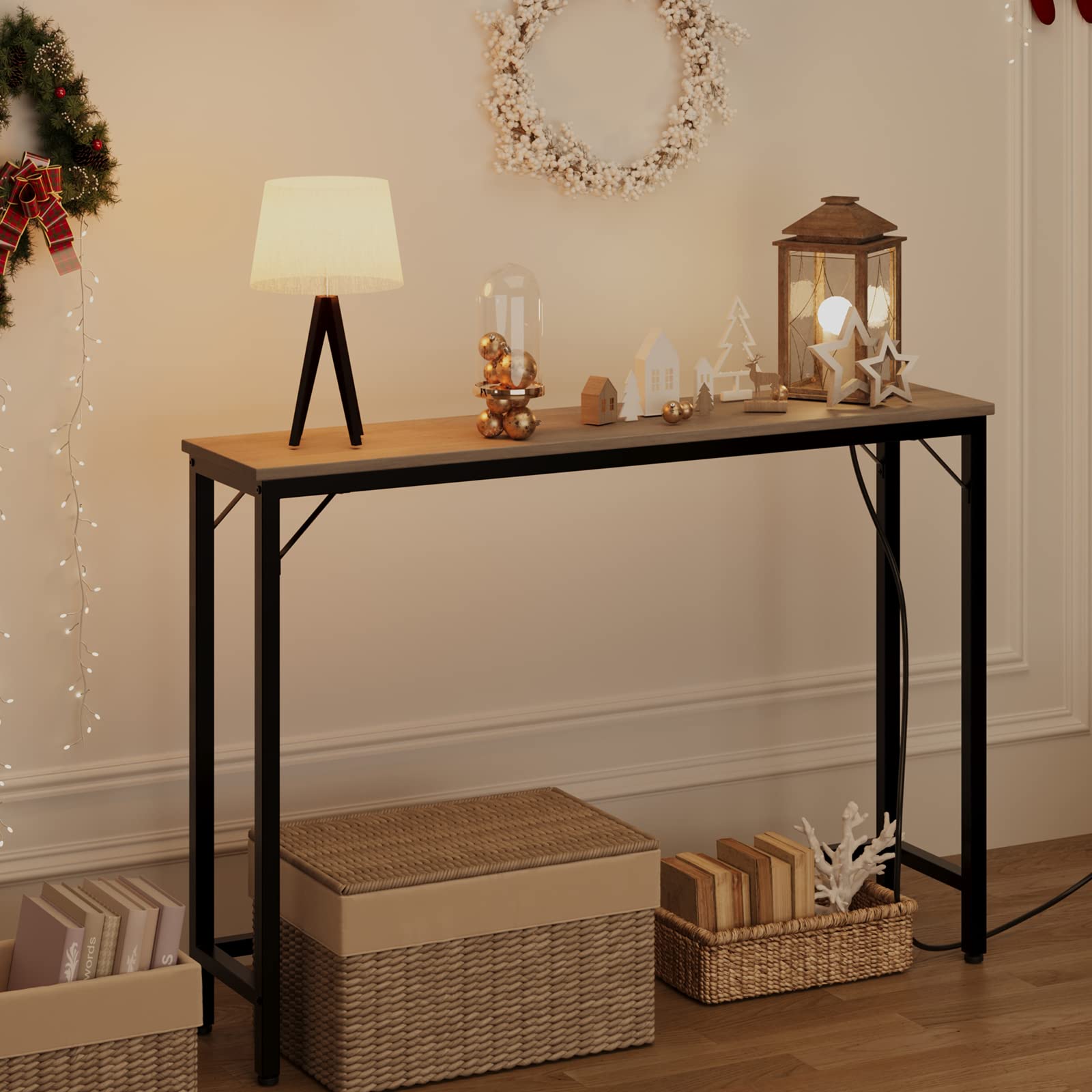 GARVEE Tavolo Consolle Stretto con Porta USB, 100x23x80 cm, Legno Vintage, Marrone e Nero, per Ingresso e Soggiorno