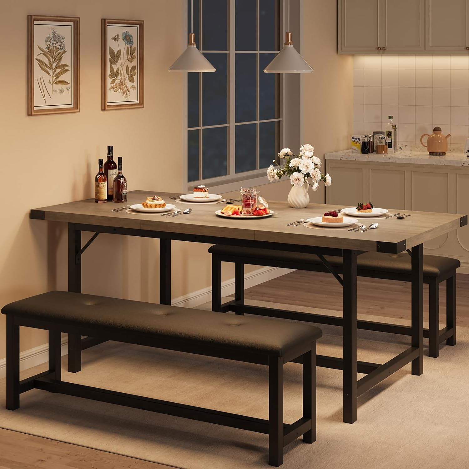 Tavolo da pranzo estensibile Garvee da 63" per 4-8 persone, grigio retrò, 3 pezzi, MDF e metallo, salvaspazio per appartamenti