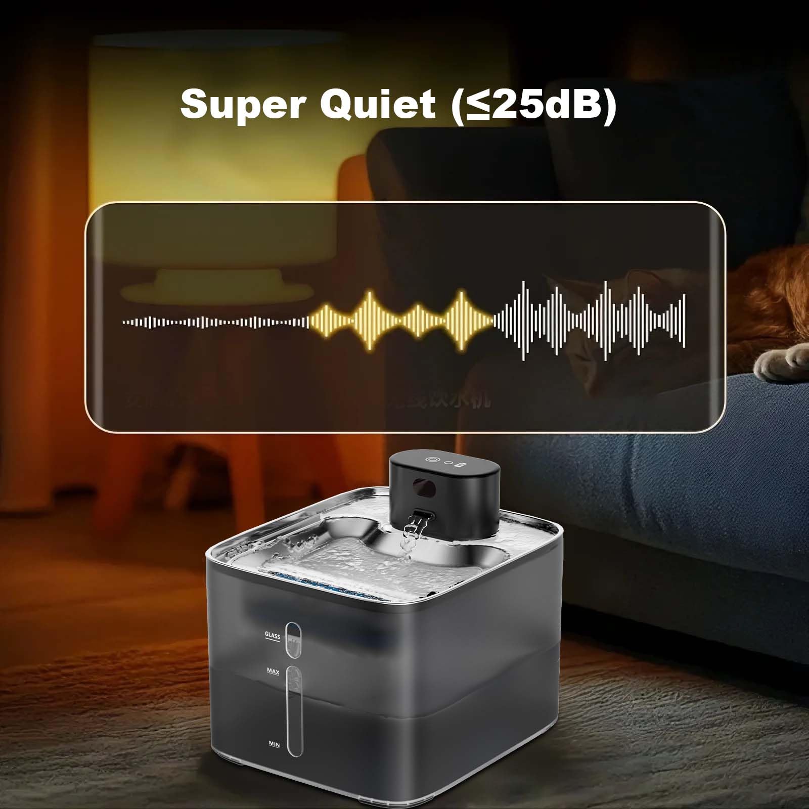 Fontanella per gatti Garvee da 4,2 litri in acciaio inossidabile con sensore di movimento wireless, silenziosa, ricaricabile, nera, per la casa