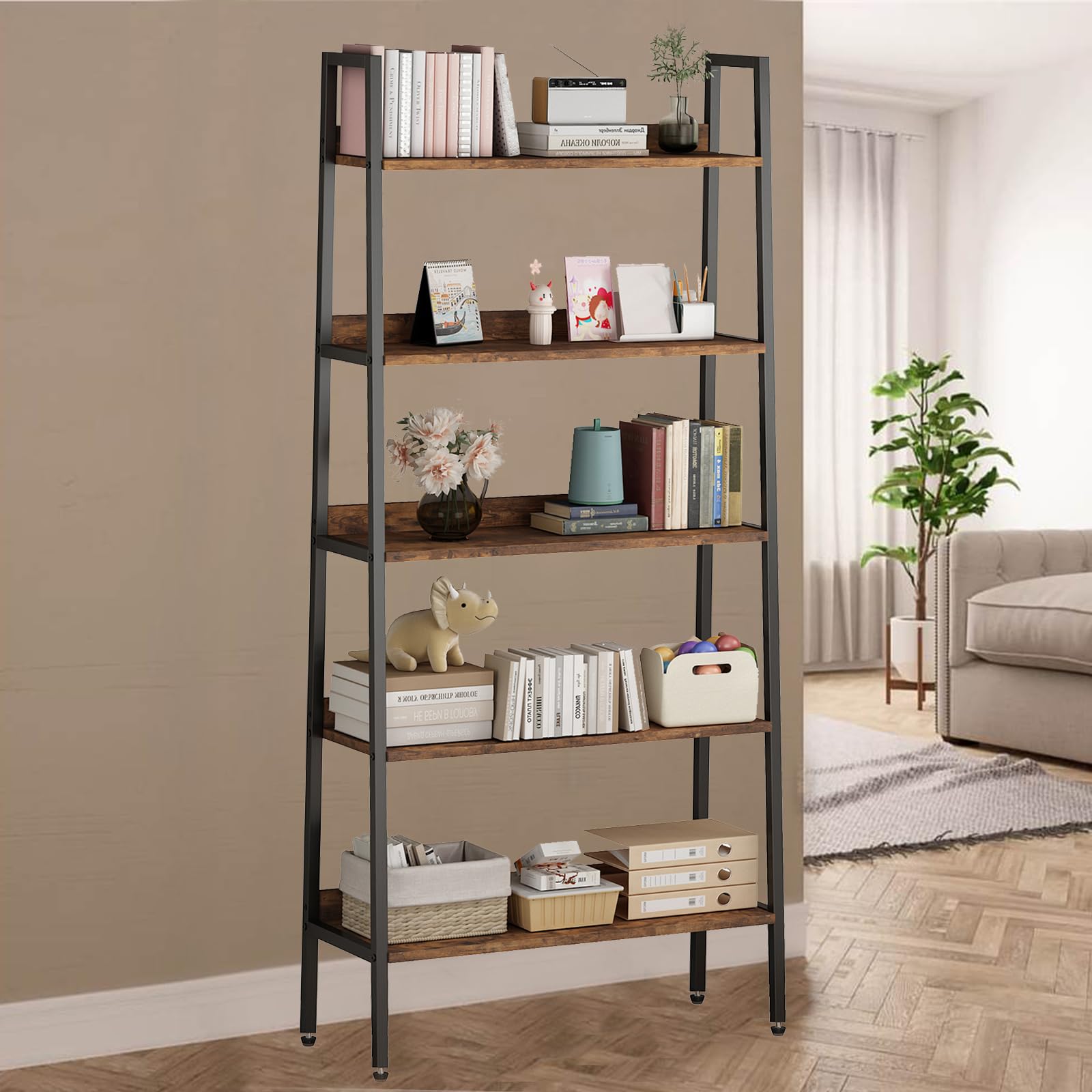 Libreria alta Garvee da 67" con 5 ripiani, struttura in metallo, marrone ruggine, stretta, per soggiorno, ufficio, cucina