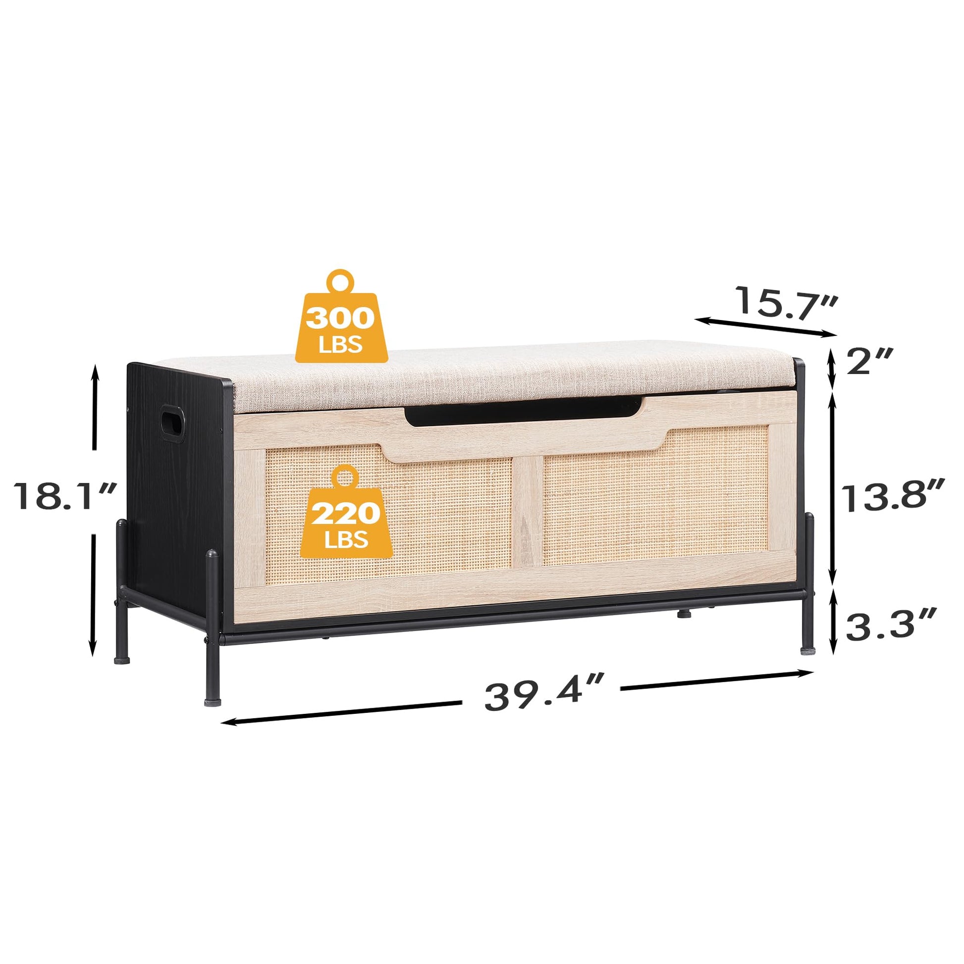 Panca portaoggetti in rattan Garvee da 39,4" con cuscino per seduta, 2 cerniere di sicurezza, cassapanca portaoggetti, scarpiera, rovere e nero per soggiorno e corridoio