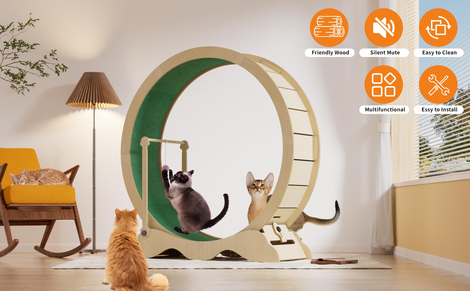 Garvee Cat Cyclette da 45 pollici Tapis roulant silenzioso in legno massello per fitness da interno con serratura di sicurezza Tappeto rimovibile