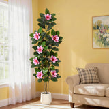 Garvee Albero Finto Ficus Lira 6FT con Fiori Magnolia, Trunk Triplo, Vaso Bianco, Decorazione Casa e Ufficio, Verde e Rosa - Pink