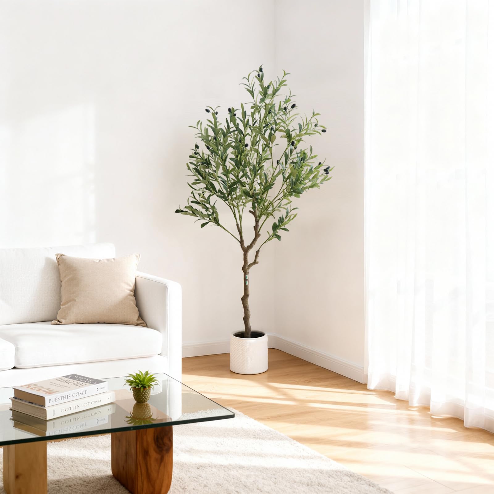 Albero di ulivo artificiale Garvee da 150 cm, vaso bianco, decorazione per interni, soggiorno, ufficio e giardino