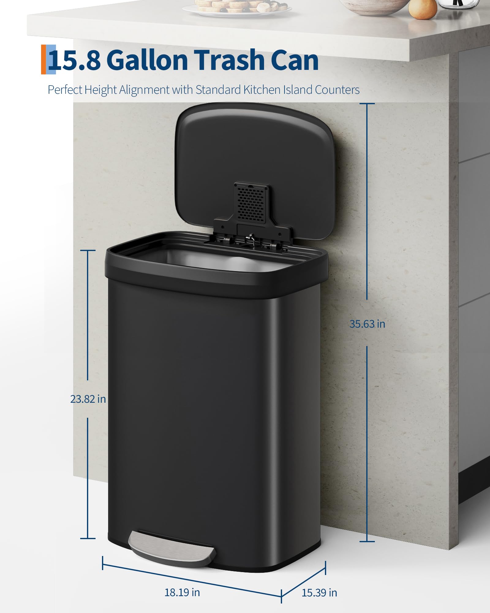 Pattumiera in metallo Garvee da 60 litri con coperchio, antiruggine, chiusura ammortizzata, maniglia ergonomica, nera per cucina e ufficio