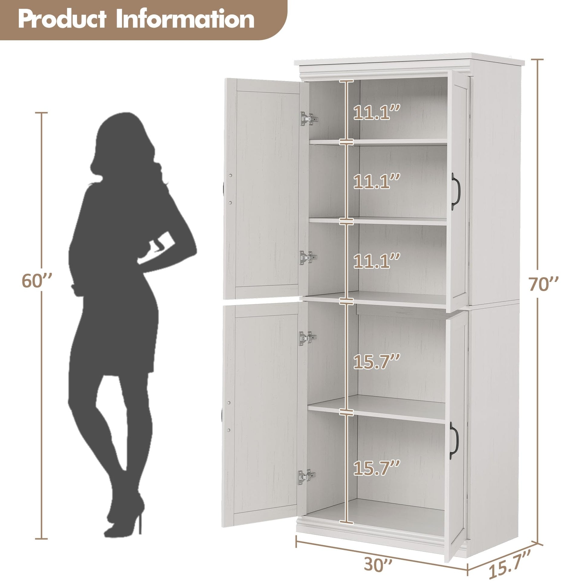 Mobile dispensa Garvee da 70" con ante e ripiani regolabili per cucina e soggiorno, in legno MDF P2, robusto, antiribaltamento, tonalità legno neutro