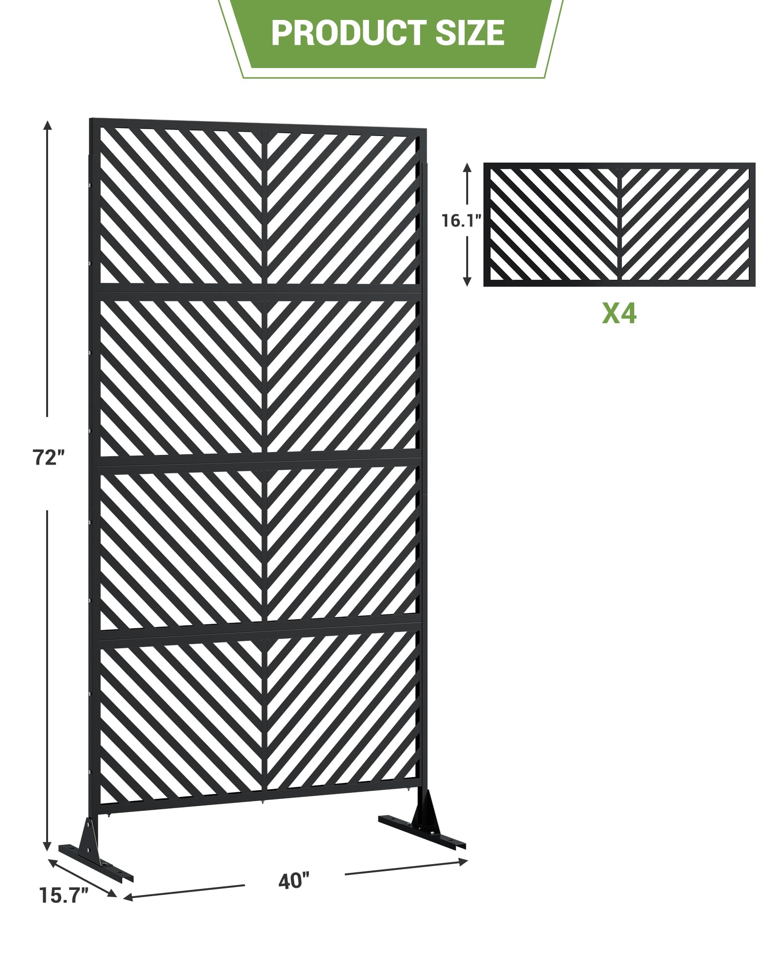 Garvee, schermo per la privacy in metallo, 182,9 cm di altezza x 101,6 cm di larghezza, autoportante, resistente alle intemperie, per patio e balcone, 4 pannelli, robusto, decorativo