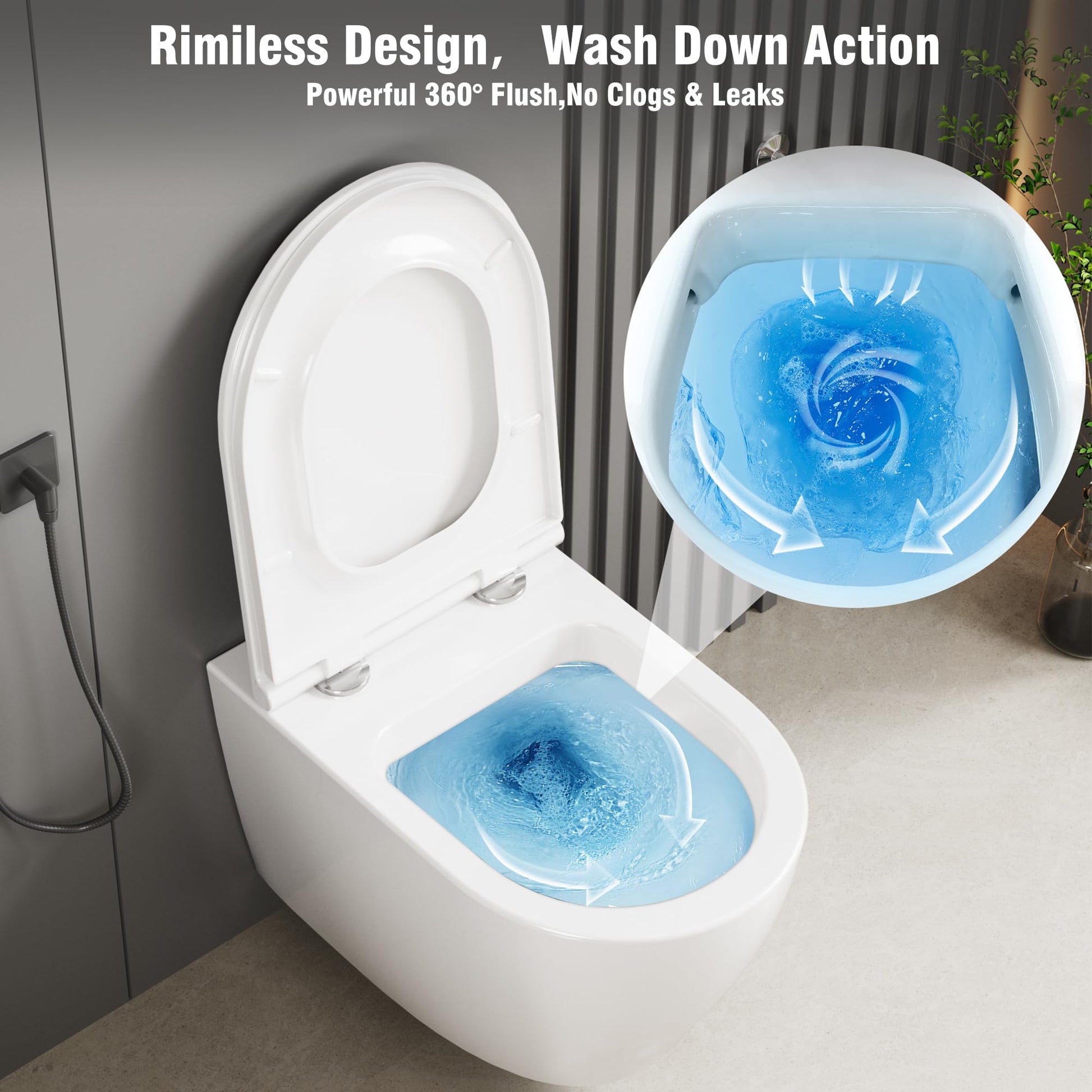 GARVEE WC Sospeso Senza Bordi Wc sospeso in ceramica, forma a D, 55,5 cm, bianco, con coperchio automatico, per bagni moderni