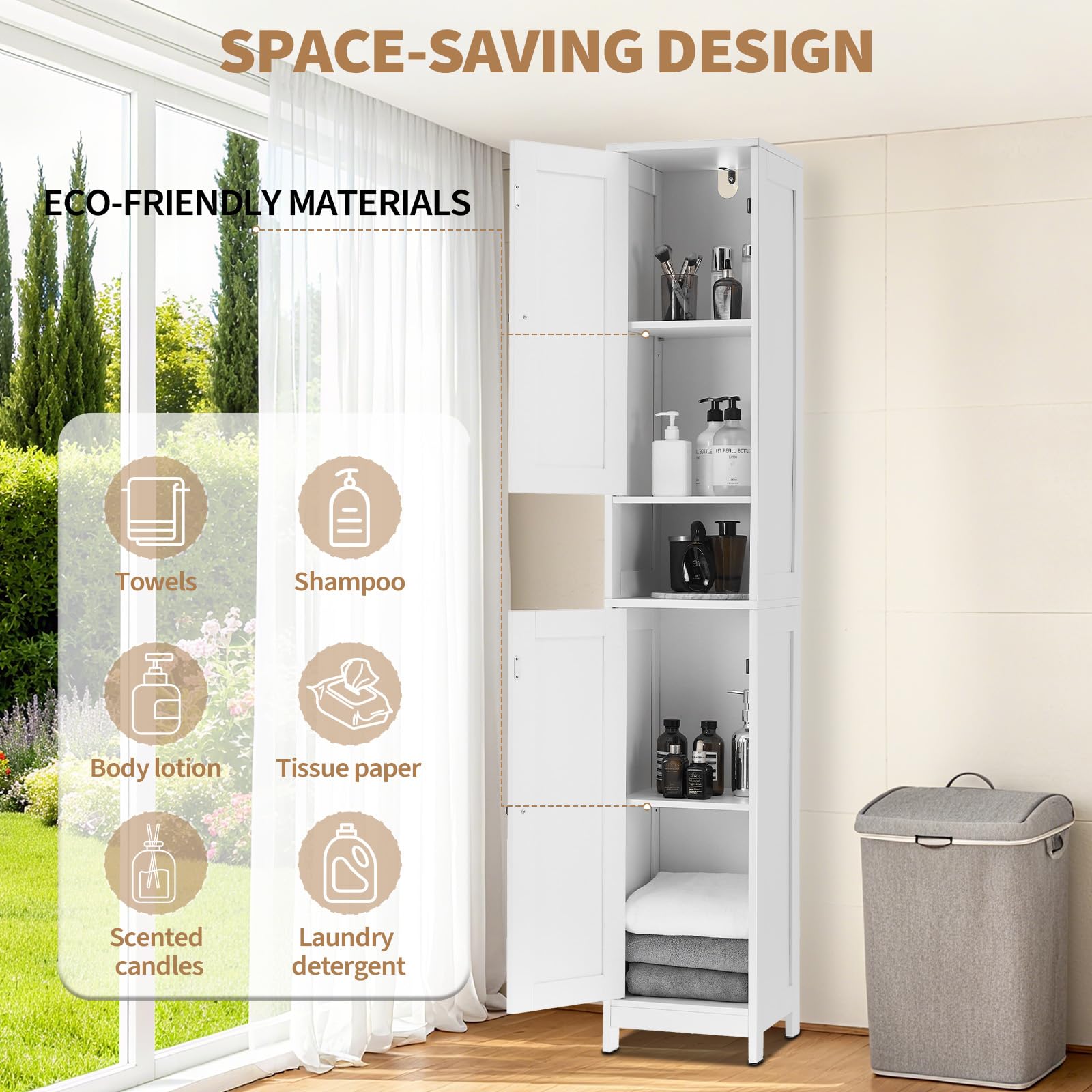 Mobiletto da bagno alto Garvee da 170.18 cm con 2 ante a battente, 1 cassetto per bagno e cucina, legno, stretto, robusto, versatile, acrilico trasparente, bianco