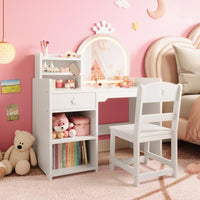 Tavolo da toeletta per bambini Garvee con specchio illuminato, set da toeletta 2 in 1 da principessa, in legno, con contenitore e mensola, cassaforte, per la cameretta delle bambine, bianco