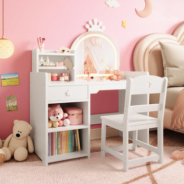 Tavolo da toeletta per bambini Garvee con specchio illuminato, set da toeletta 2 in 1 da principessa, in legno, con contenitore e mensola, cassaforte, per la cameretta delle bambine, bianco