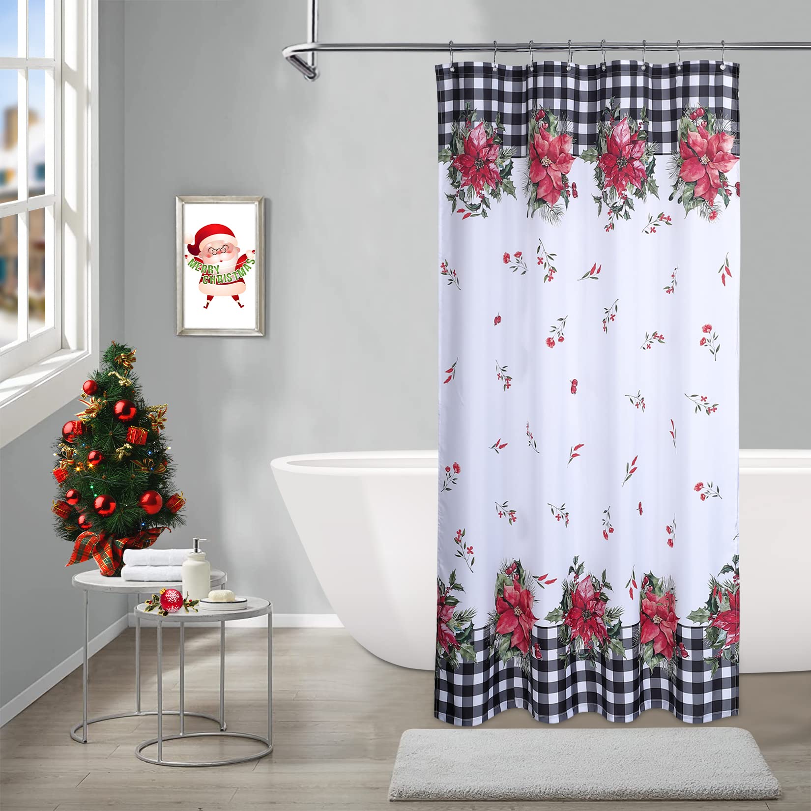 GARVEE Tenda da doccia natalizia in stile retrò con motivo floreale a quadri, lavabile, 89x183 cm, nero e bianco