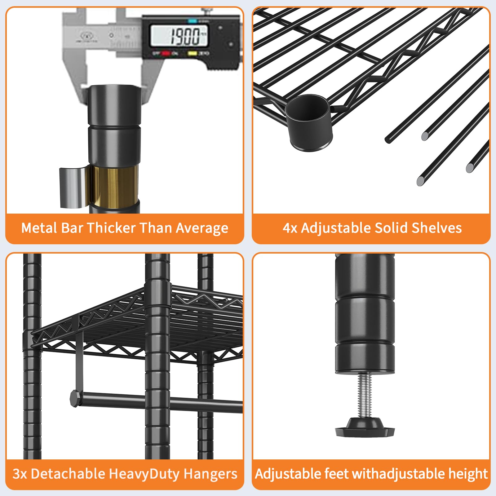 Appendiabiti in metallo Garvee con 4 ripiani, 3 barre regolabili in altezza, verniciato a polvere nero, per camera da letto e negozio