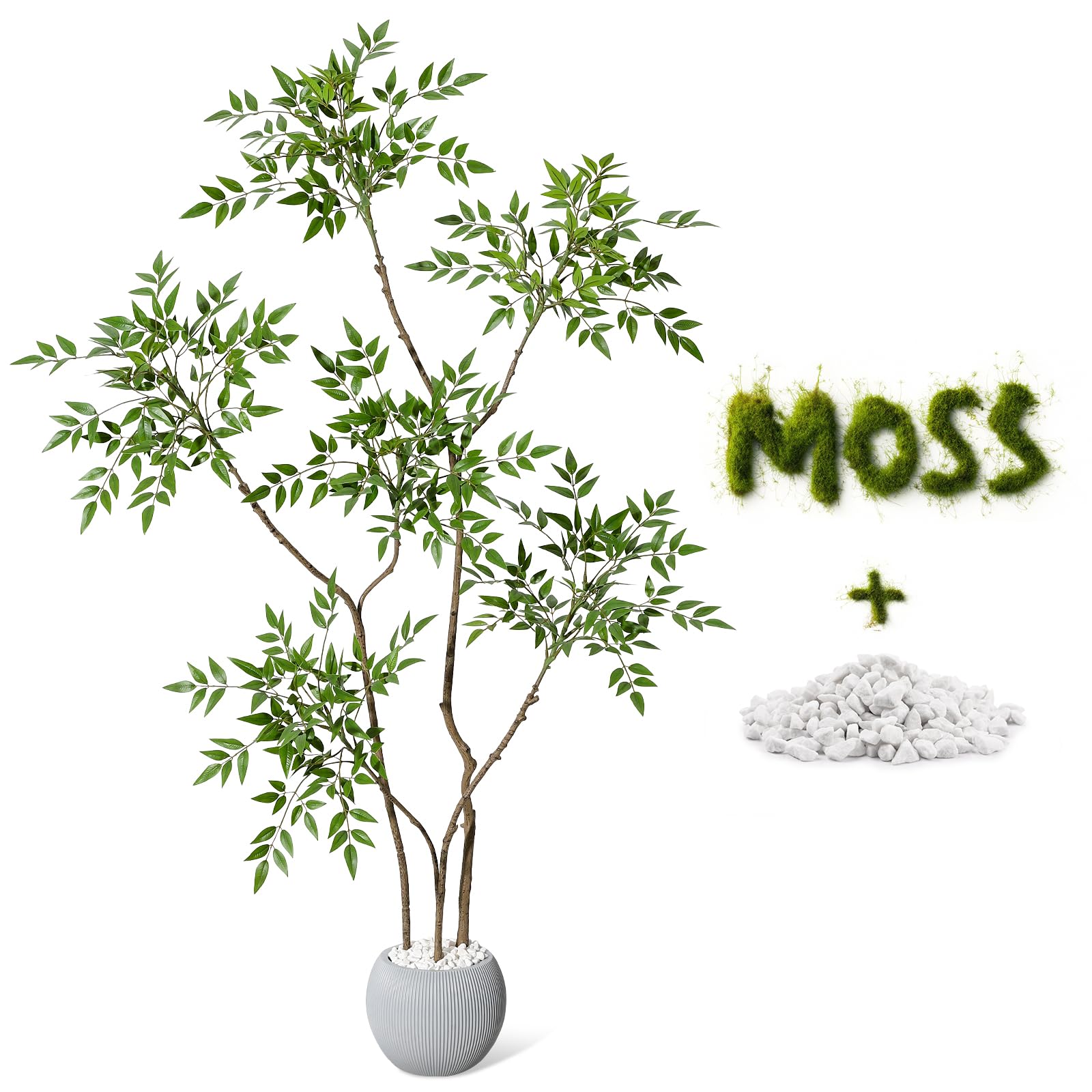 Fiore artificiale Nandina Garvee da 1,5 m con vaso in ceramica grigia per arredamento interno, soggiorno, ufficio, facile da curare, foglie realistiche