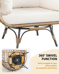 Sedia a uovo in rattan Garvee Oversize, girevole a 360°, con struttura in acciaio e 4 cuscini, per uso interno ed esterno, beige