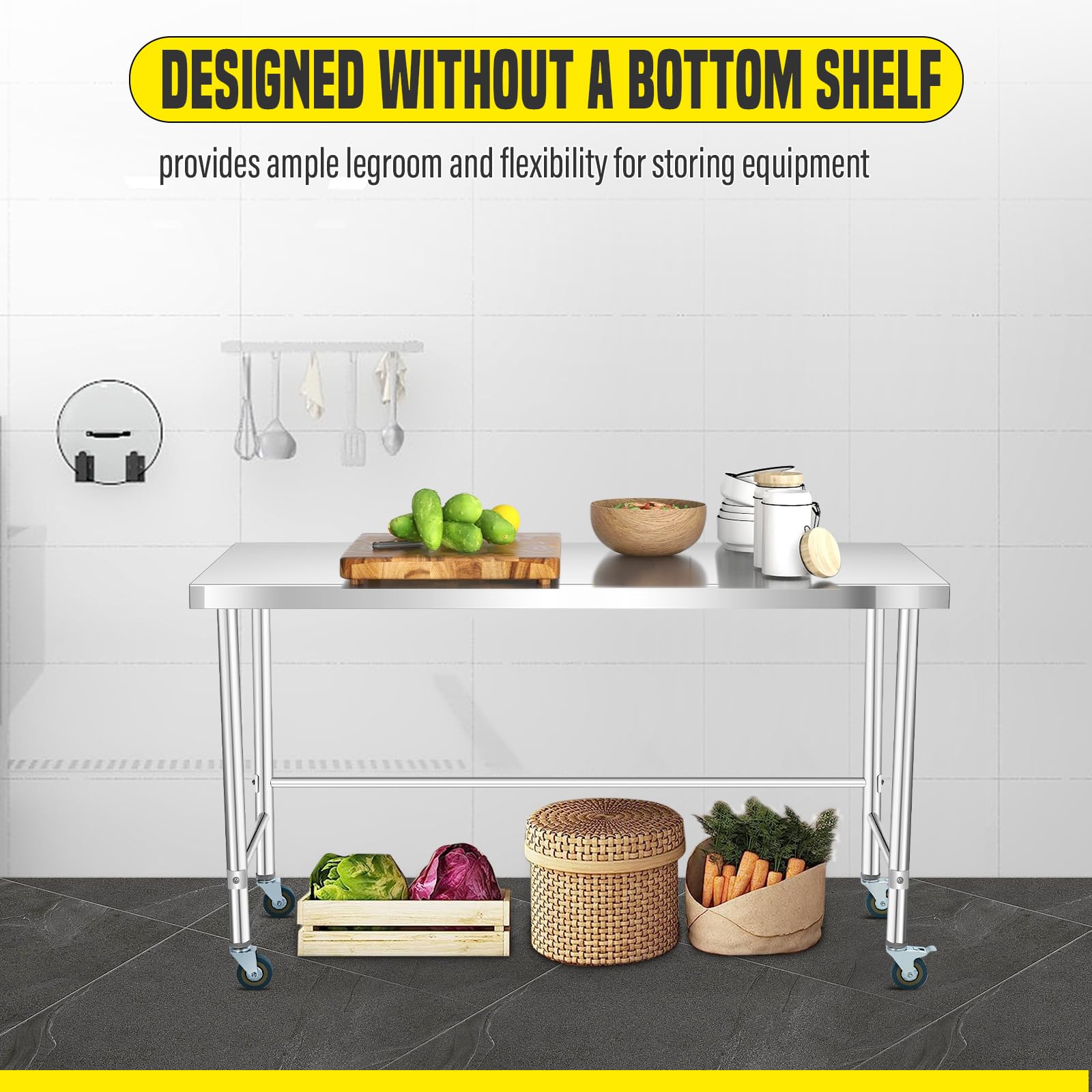 Tavolo da lavoro in acciaio inossidabile Garvee 36x24 pollici Design robusto Base aperta Mobile e fisso per cucina e ristorante Argento