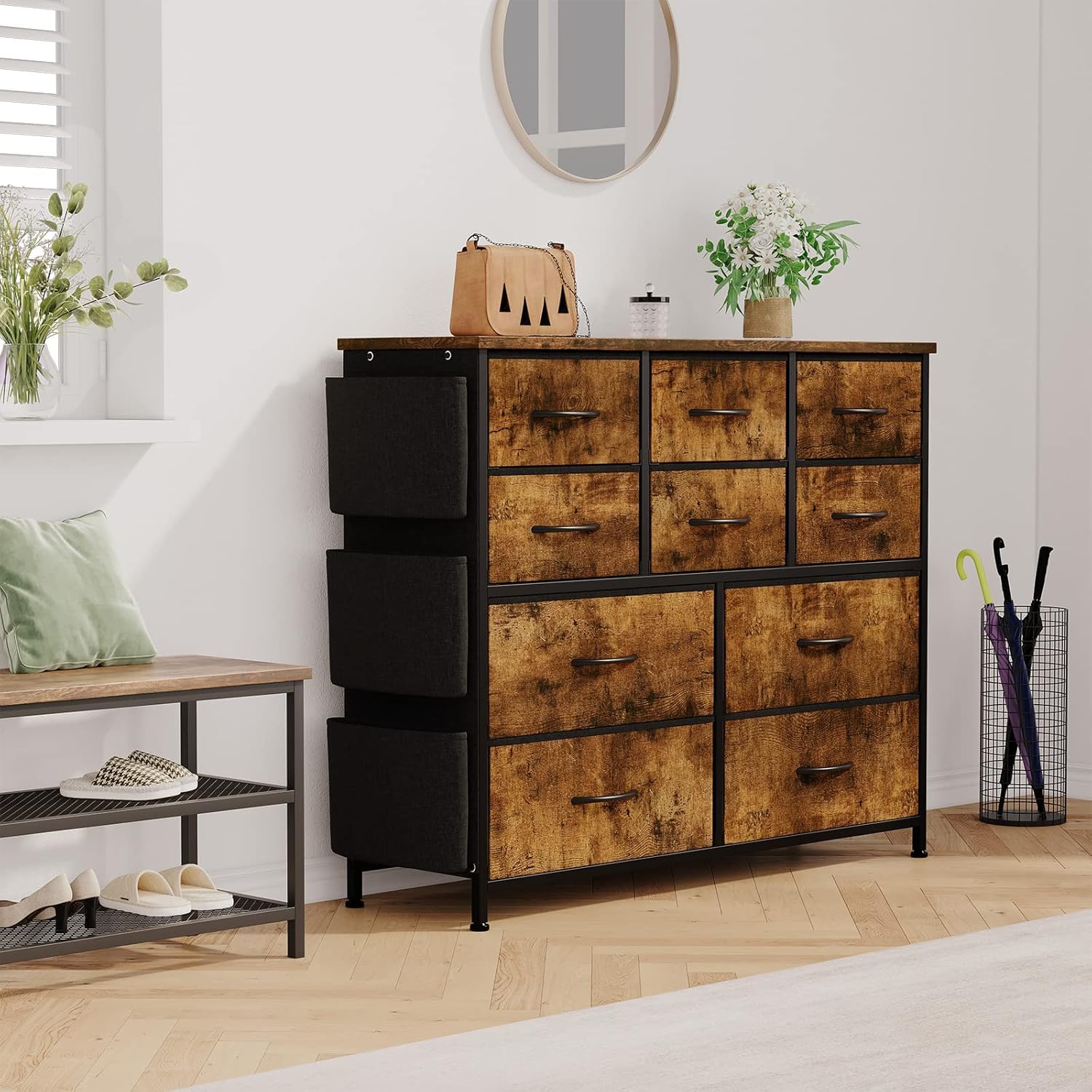 Cassettiera GARVEE per camera da letto, mobiletto portaoggetti in tessuto con struttura in metallo, cassettiera moderna decorativa in legno con 10 cassetti per camera da letto, corridoio, marrone