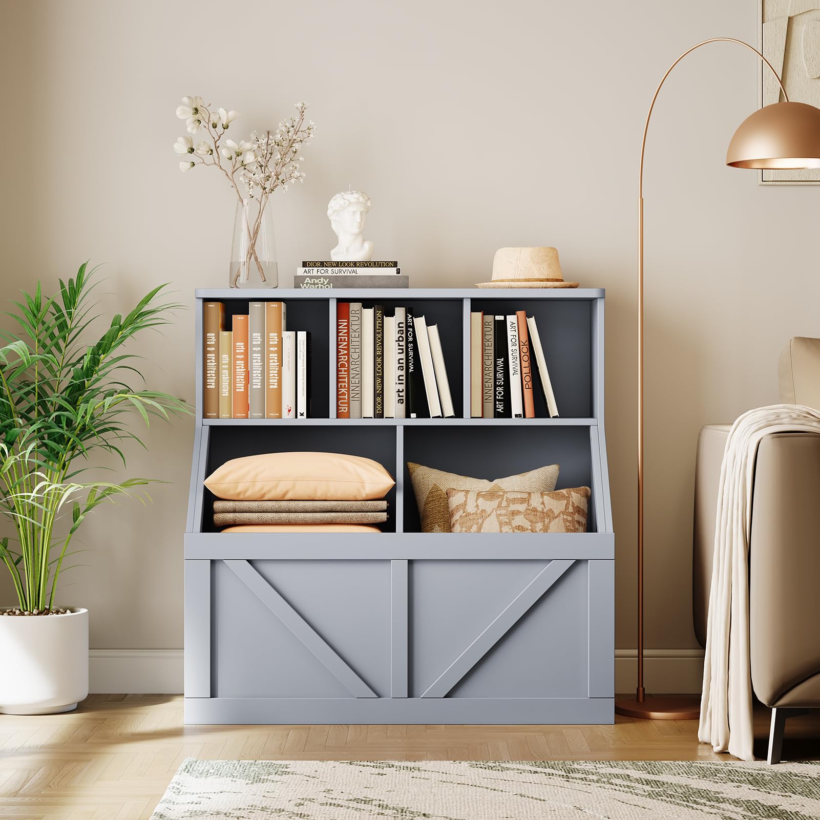 Libreria per bambini e organizer per giocattoli Garvee con 3 ripiani aperti, 2 grandi scatole, grigio per cameretta e sala giochi, robusta, sicura, MDF, 35,4"x16,5"x36,2"
