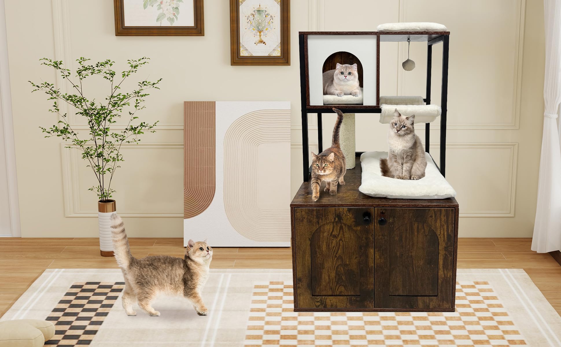 Angolo per gatti Garvee con lettiera, casetta in legno, tiragraffi, amaca, marrone, per angoli del soggiorno