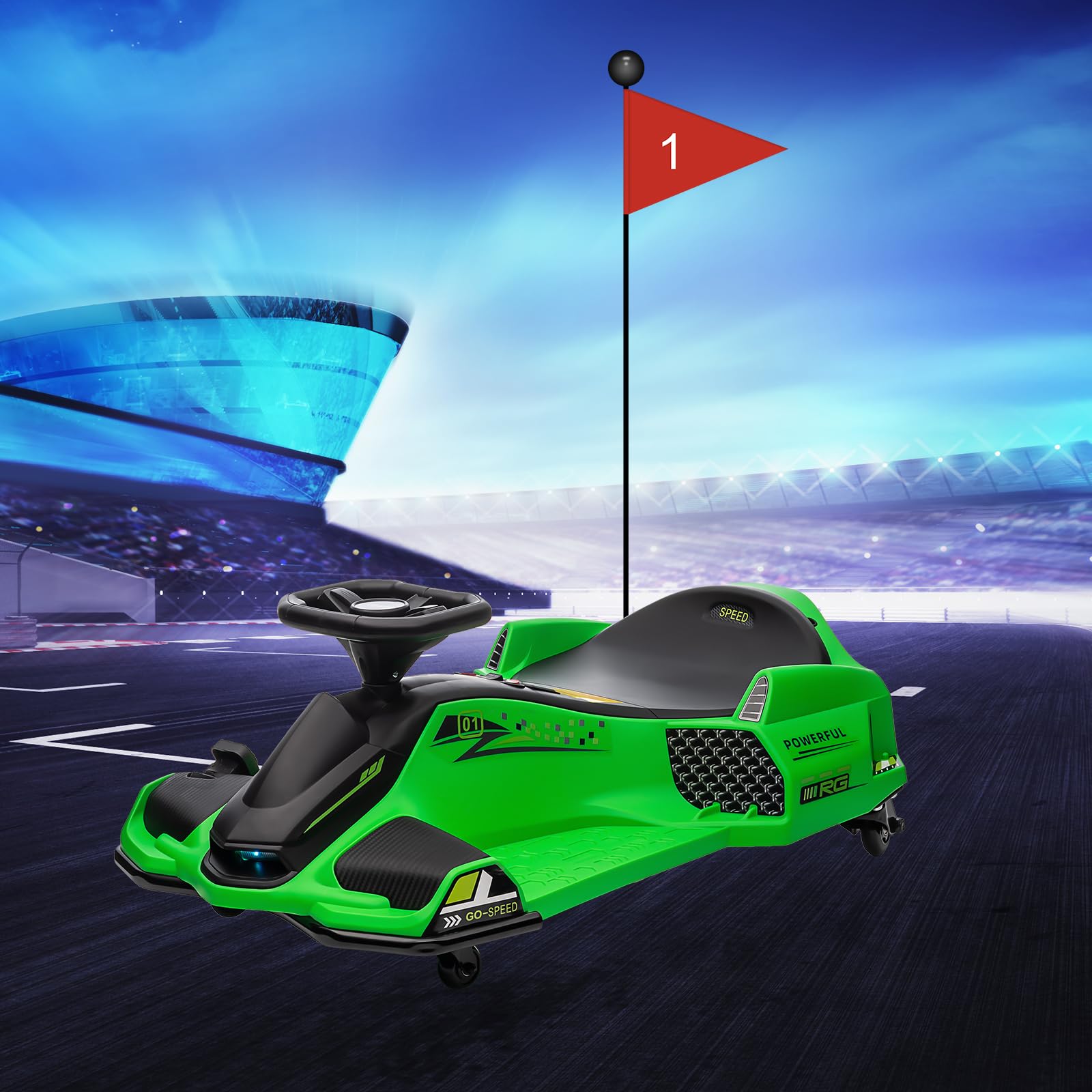 Garvee Kids Drift Go-Kart elettrico 24V – Telaio in metallo, per esterni, verde – Go-kart robusto per attività all'aperto e divertimento alla deriva.