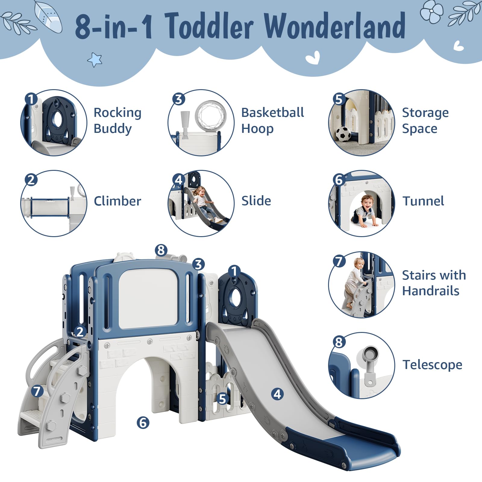 Garvee 8 in 1 Scivolo per bambini, set da gioco per interni ed esterni, con scala di arrampicata e canestro da basket, stabile, sicuro, HDPE, per giardino e soggiorno, colorato