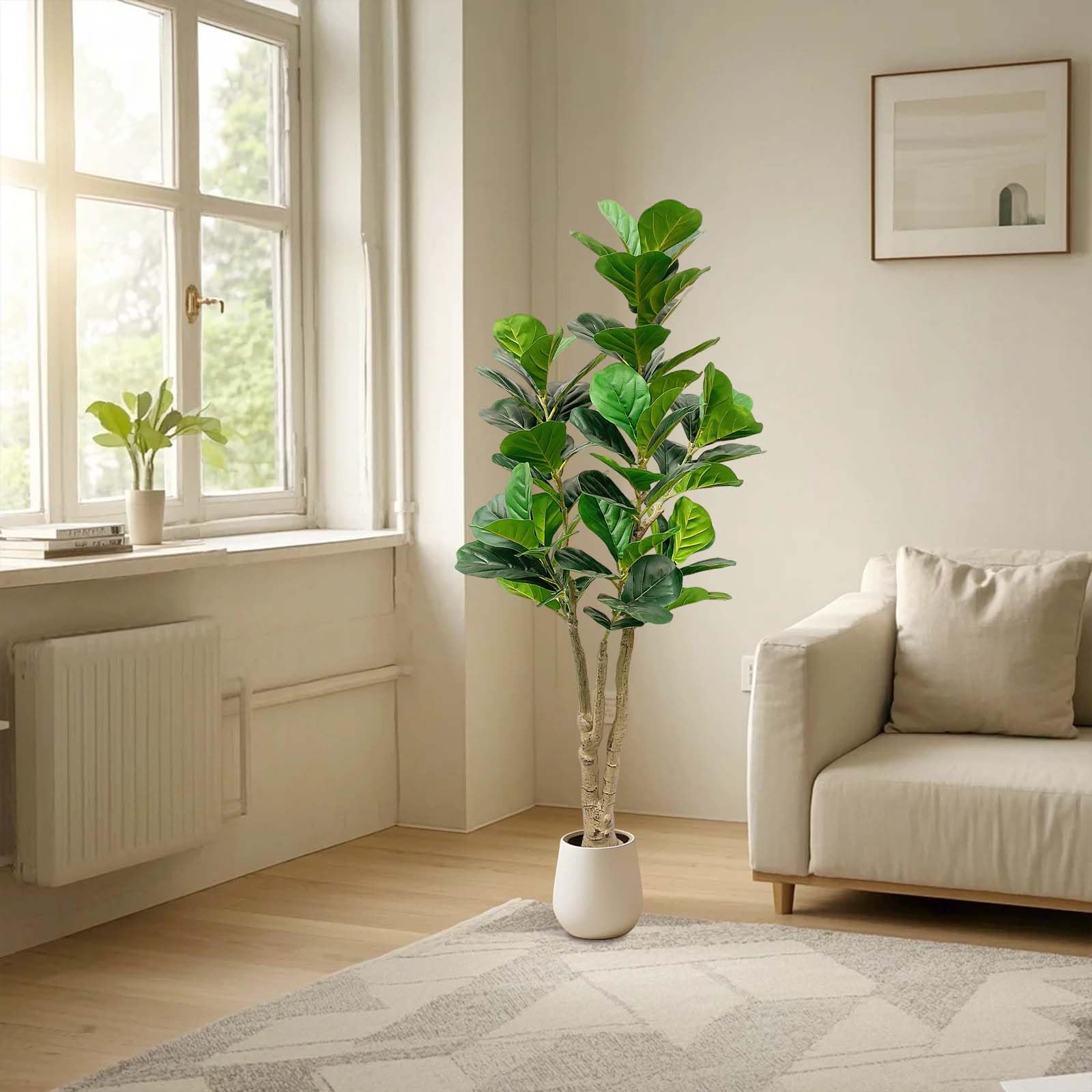 Garvee Grande albero di Banyan artificiale da 150 cm con vaso bianco per uso interno ed esterno, soggiorno, ufficio, balcone, decorazione