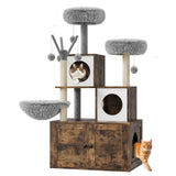 Albero per gatti Garvee da 57,5 pollici con lettiera nascosta, cuccia per gatti 2 in 1, legno MDF, soggiorno moderno, grigio e marrone rovere - Marrone rustico