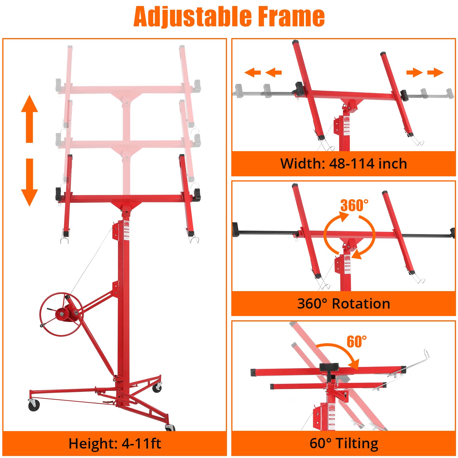 Sollevatore per cartongesso Garvee da 11 piedi con capacità di 150 libbre, braccio telescopico a 360°, acciaio al carbonio, 3 ruote bloccabili, fai da te