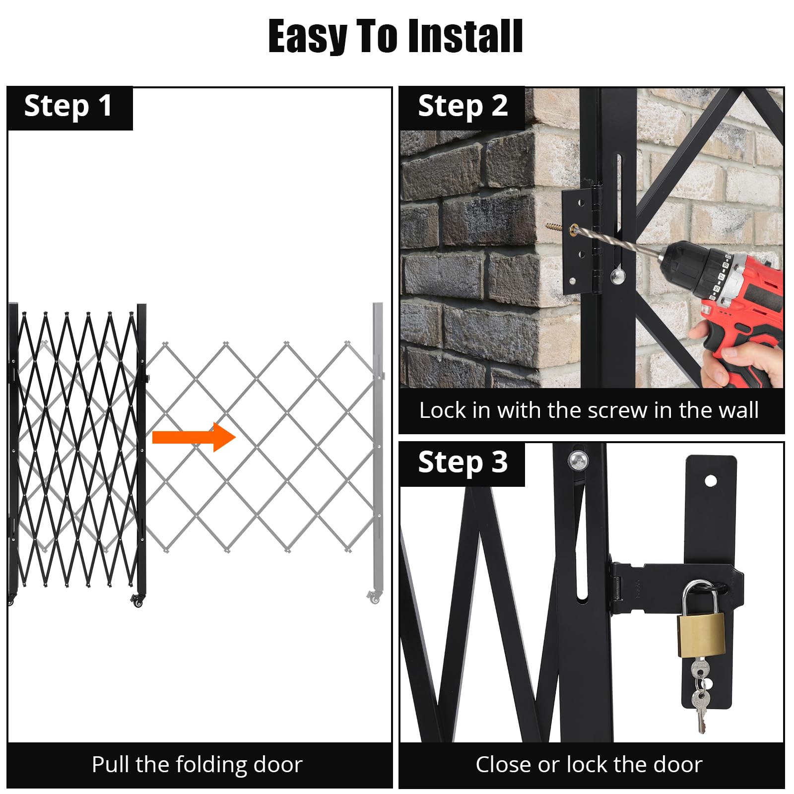 Cancello di sicurezza pieghevole singolo Garvee 71"x61" in acciaio con rulli a 360° blocco per cortile e garage nero