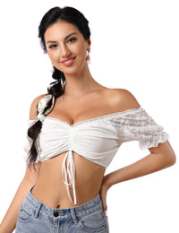 Camicetta Dirndl Garvee in pizzo bianco da donna, camicetta tradizionale, manica corta, spalle scoperte, per l'Oktoberfest, taglia 42