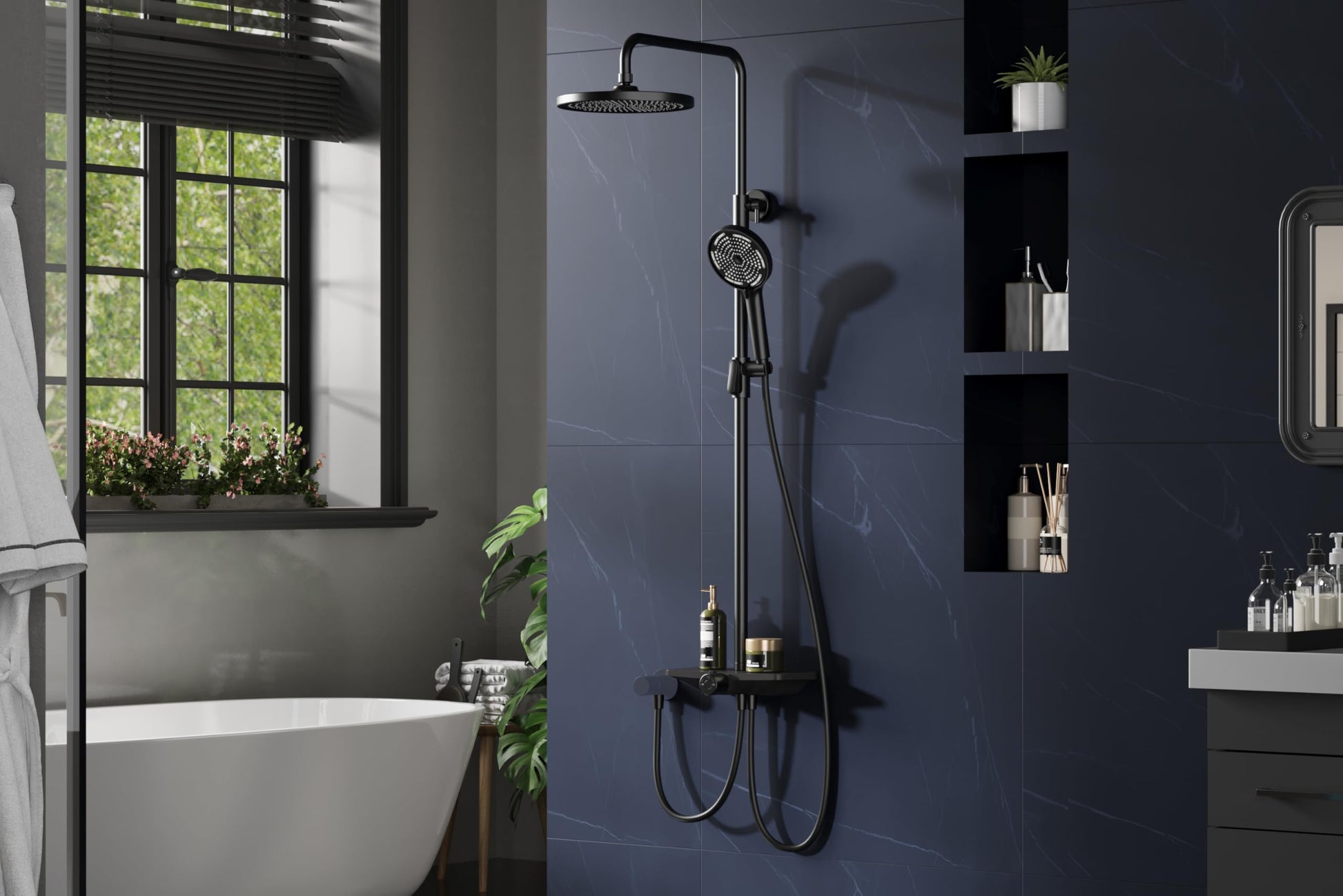 GARVEE Doccia a pioggia senza rubinetto con mensola, sistema doccia regolabile in acciaio inox per doccia, 25 cm nero