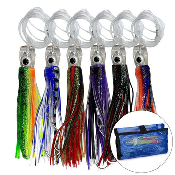Garvee Trolling Lure 6,5 pollici Squid Skirts Set di esche per pesca d'altura con borsa portaoggetti a 6 scomparti 16 cm Attrezzatura da pesca per esterni in acqua salata