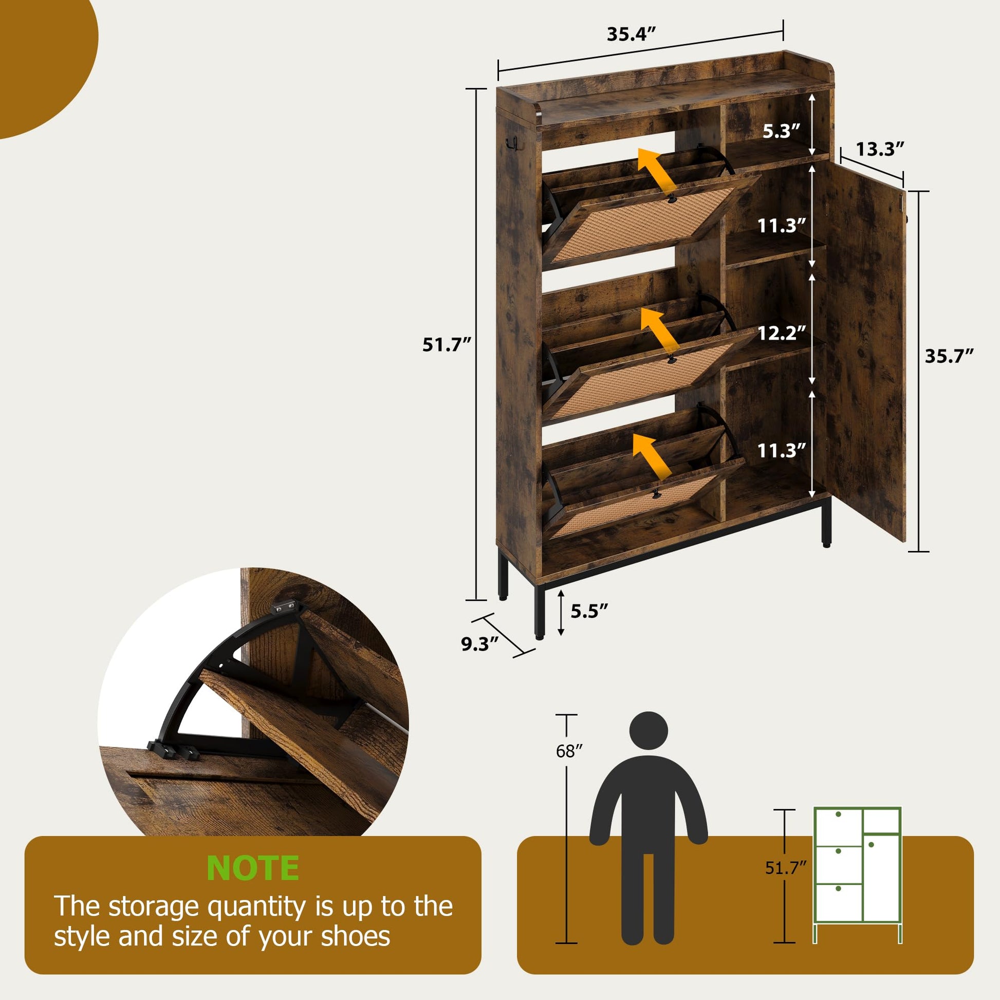 Scarpiera in rattan Garvee con 3 cassetti a scomparsa e 4 ripiani per corridoio e ingresso, MDF e metallo, ripiani regolabili, robusta, grande, colore naturale