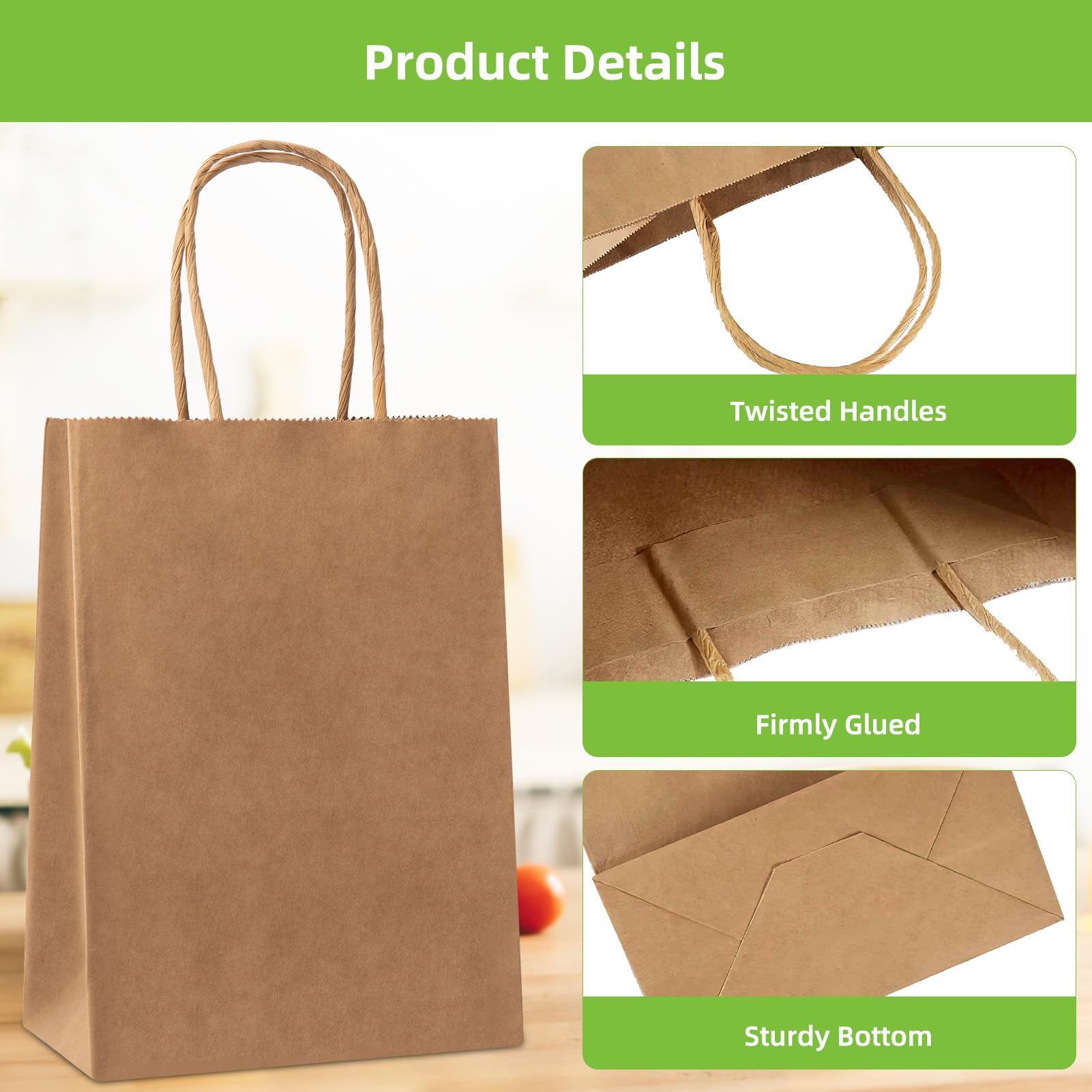 Sacchetti di carta kraft Garvee con manici, 12 pezzi, 26x12x33 cm, marrone, per shopping, matrimoni, imballaggi fai da te