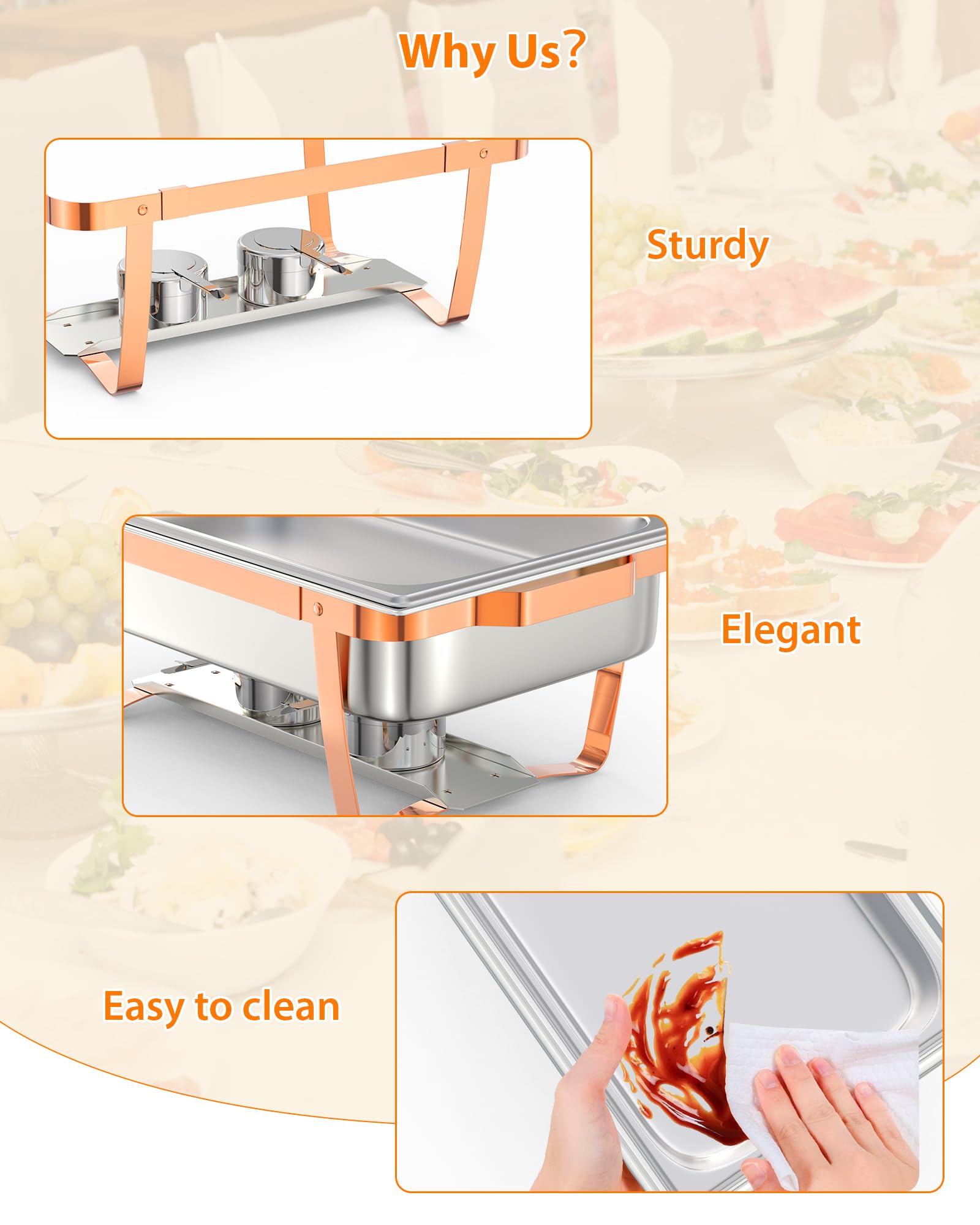 Vassoi riscaldanti per buffet Garvee da 2 pezzi, 8 litri, in acciaio inox, per alimenti caldi, con supporto per coperchio, accessori per feste e banchetti, oro rosa