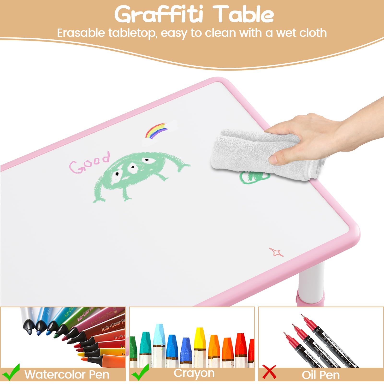 Garvee Set Tavolo e 6 Sedie per Bambini, Altezza Regolabile, Piano Graffiti, Materiale Sicuro, Antiscivolo, Casa e Scuola, Multicolore, Dimensioni Variabili