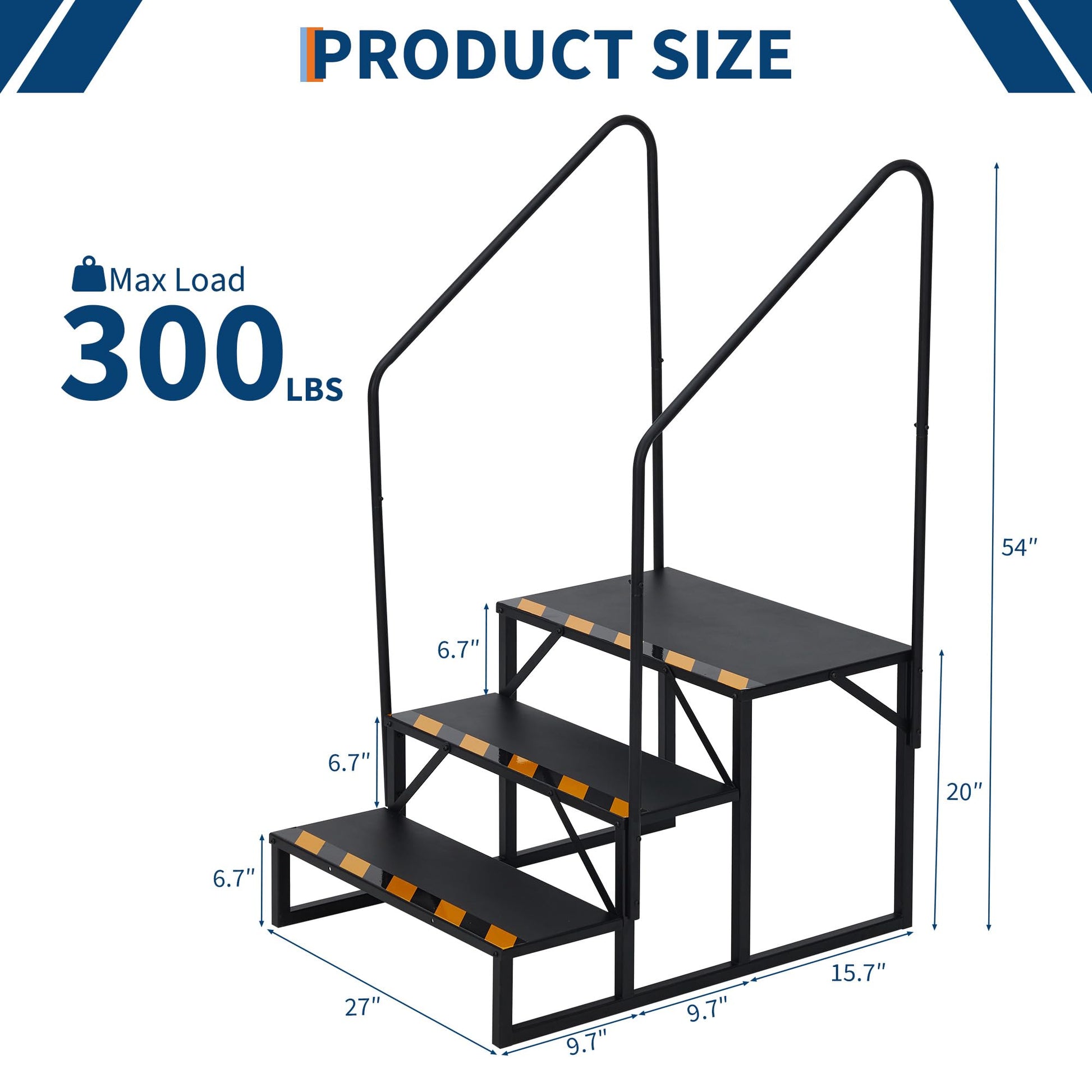 Scala portatile Garvee a 3 gradini con corrimano, acciaio, nastri antiscivolo per roulotte, vasche idromassaggio, uso esterno, nera, compatta