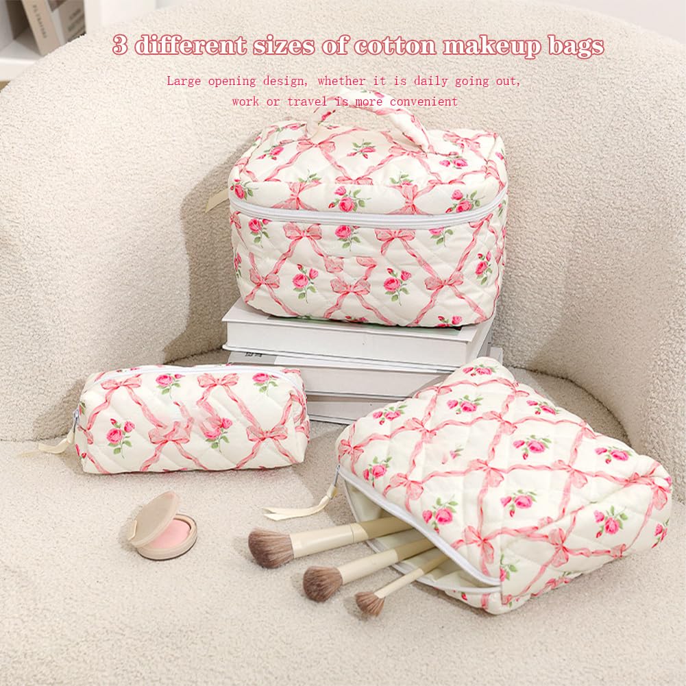 Garvee Borsa per il trucco da 3 pezzi (L+M+S) Piccola borsa per cosmetici da donna, da viaggio, all'aperto, con fiori rosa