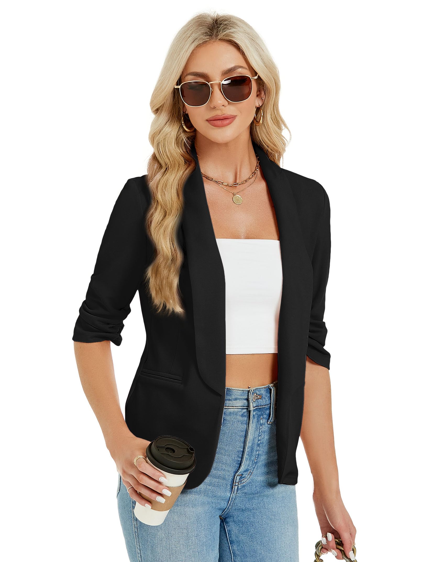 Blazer da donna Garvee, sportivo, elegante, aperto sul davanti, casual, giacca nera, taglia L, per primavera ed estate