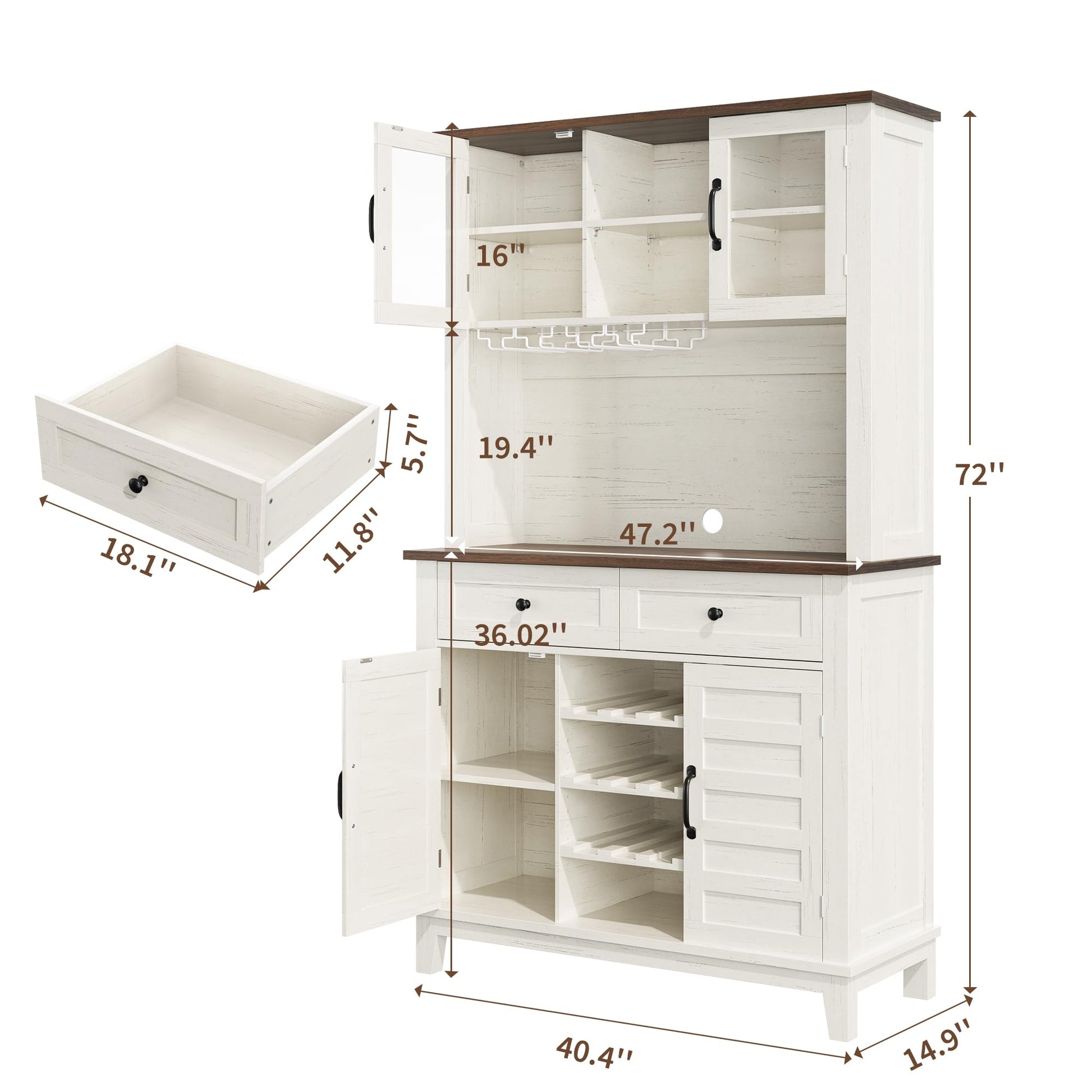 Mobile da cucina Garvee alto 72" con 4 ante, portabottiglie, cassetti, bianco, sala da pranzo, angolo bar, legno, ripiani regolabili