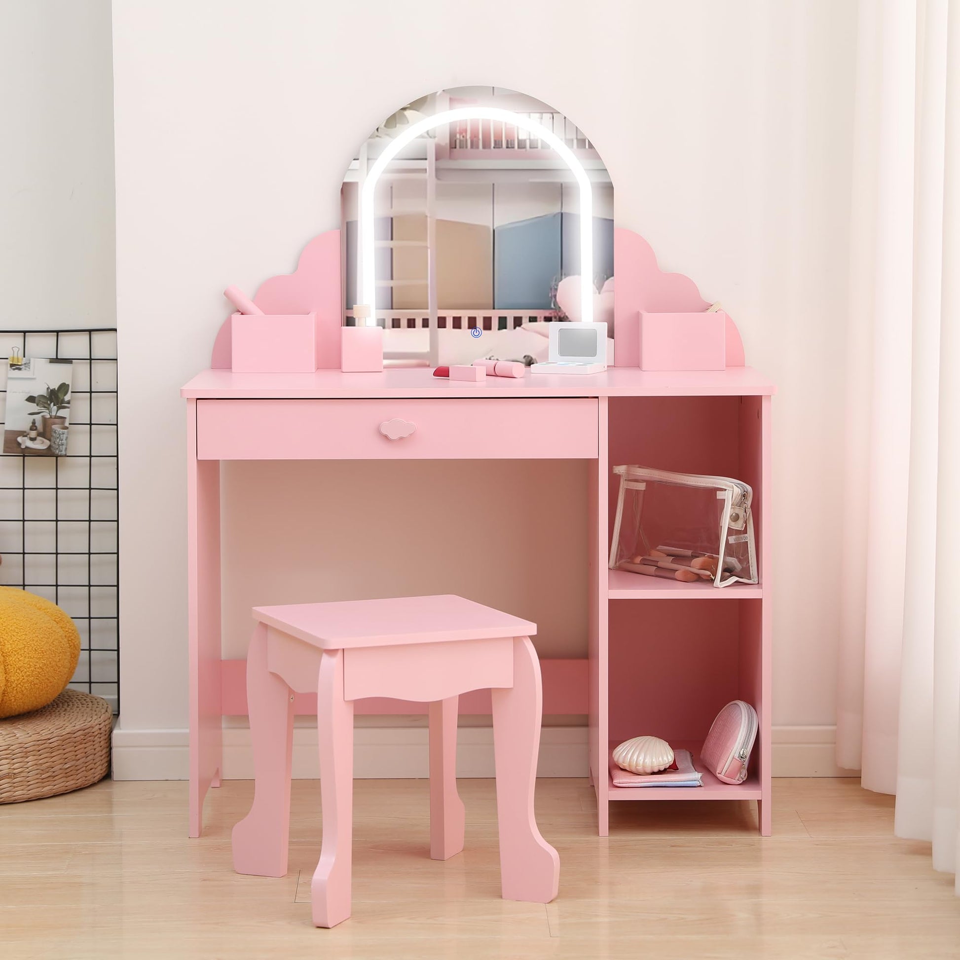 Tavolo da toeletta per bambini Garvee con luce LED e sgabello, regolabile, MDF, spazio di archiviazione, rosa, per bambine dai 3 ai 9 anni, sala giochi e camera da letto